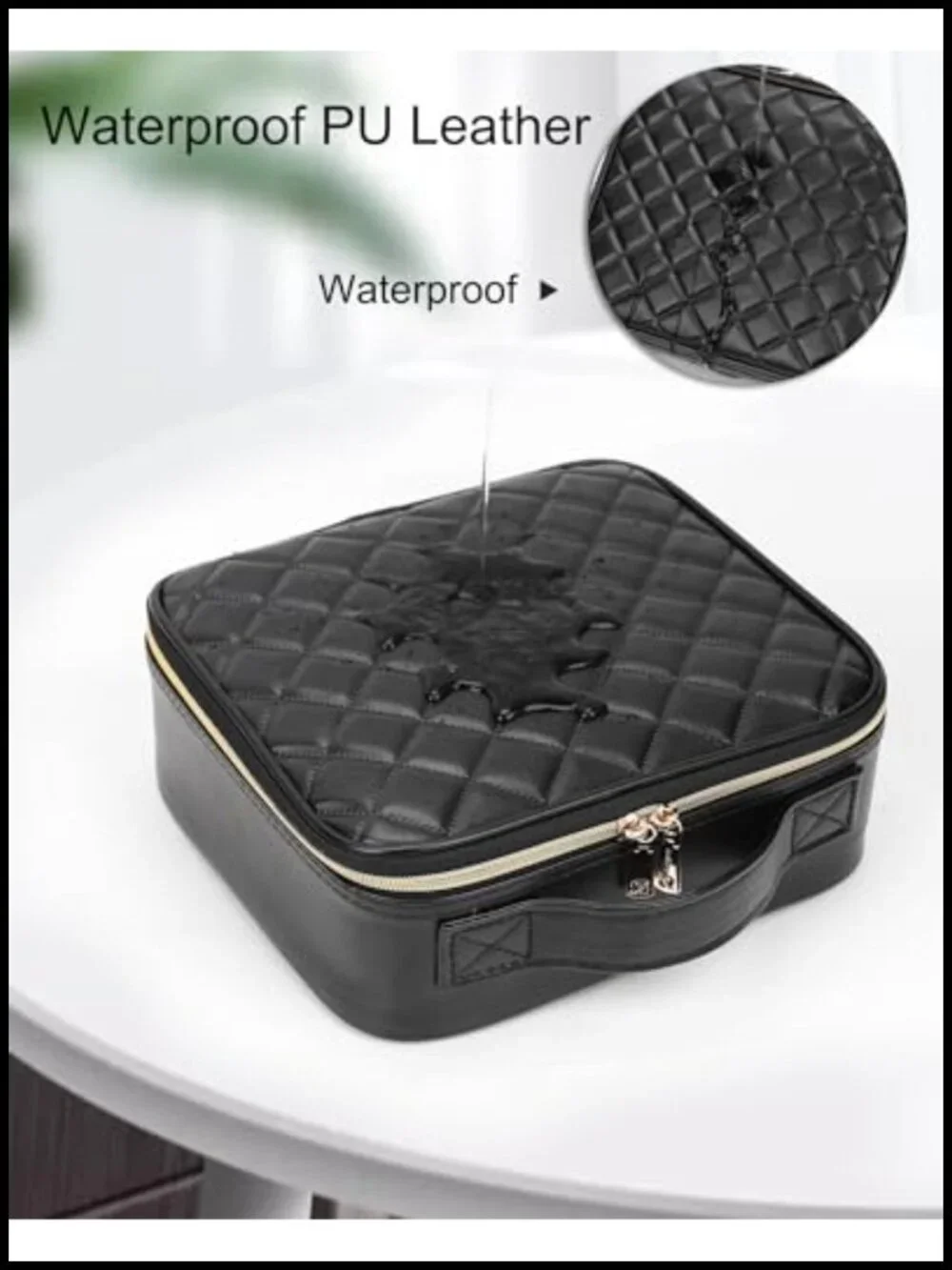PU Leather Train Case Makeup Bag with Adjustable Dividers Travel Cosmetic